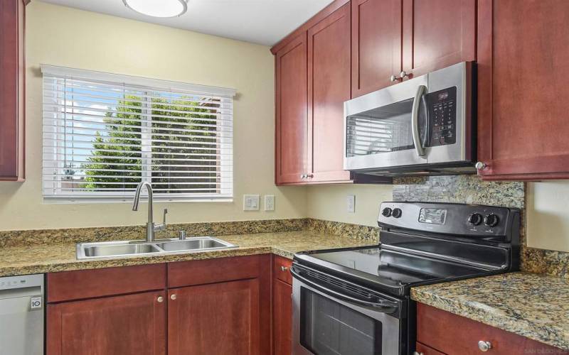 Stainless steel appliances and granite countertops