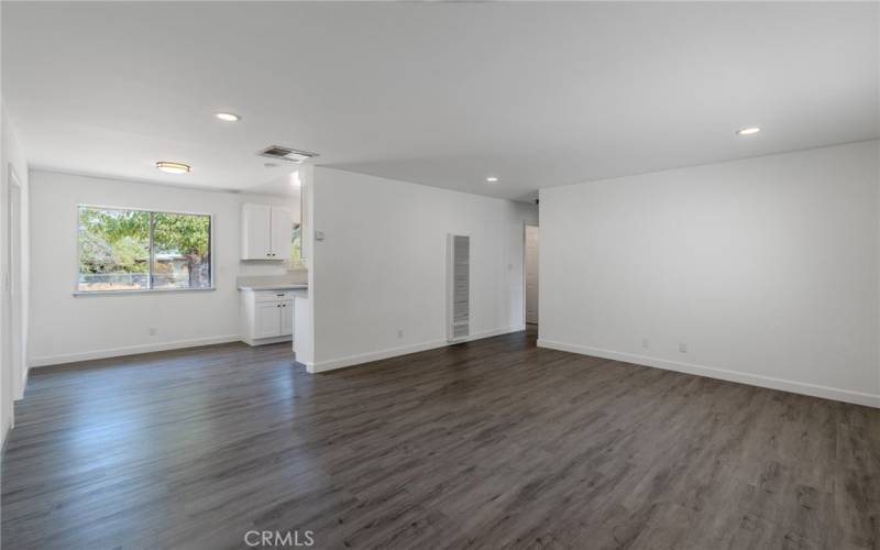 Living room & view of kitchen