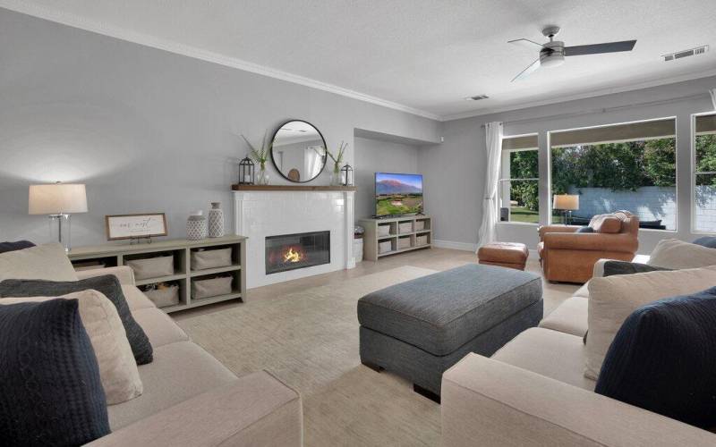 Living room with view of the pool