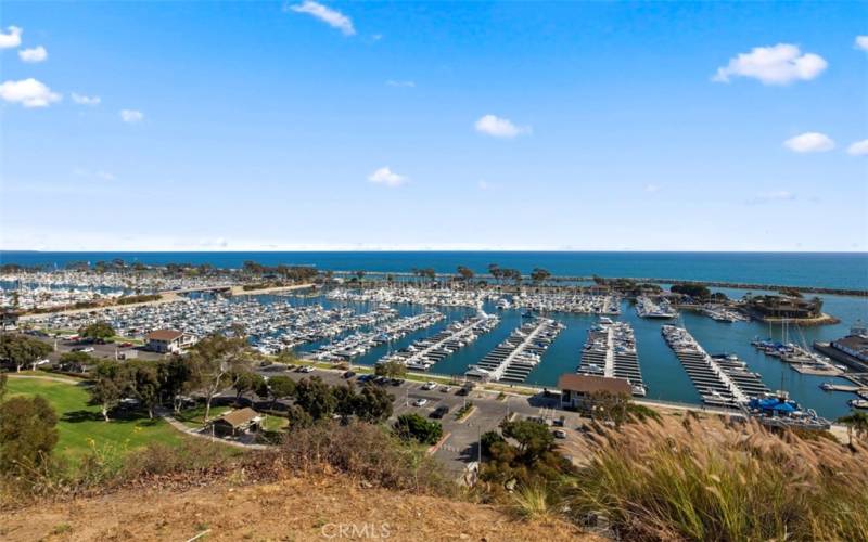 Looking down at the he Dana Point Harbor from the railing on Amber Lantern. The Ocean Institute is to the right just outside the photo.