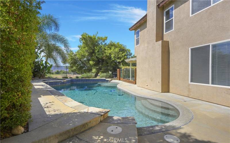 View  toward the park in the back. Glass fence separating the pool from patio area