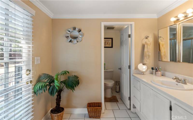 Primary full bathroom with back door to the backyard!