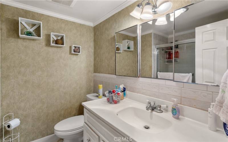 Large hall bath with step in tub and shower!