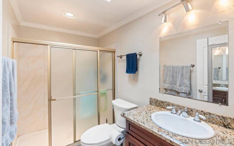 Common bath with full shower and granite counter-top.