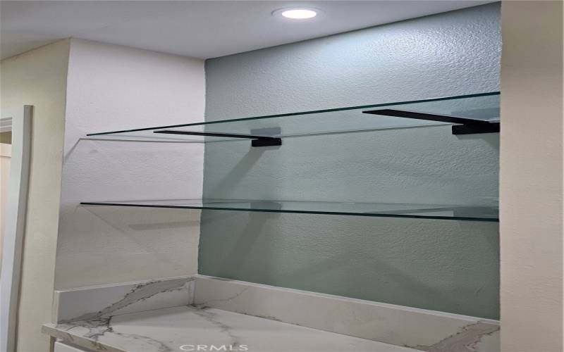 Hallway Display Top-Lit Glass Shelf to Show-off your collections or Framed Photos- or a Wet Bar Perhap?