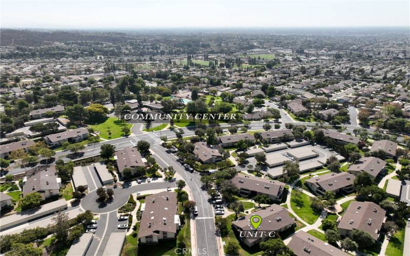 Aerial of Unit-C (bottom center) and 1 0f 2 Community Centers from Southward Drone Shot View