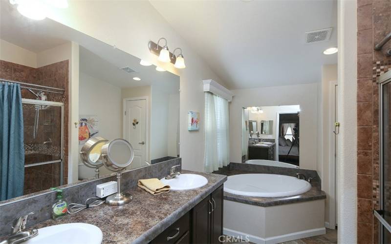 Double sinks, shower and soaking tub in master bathroom