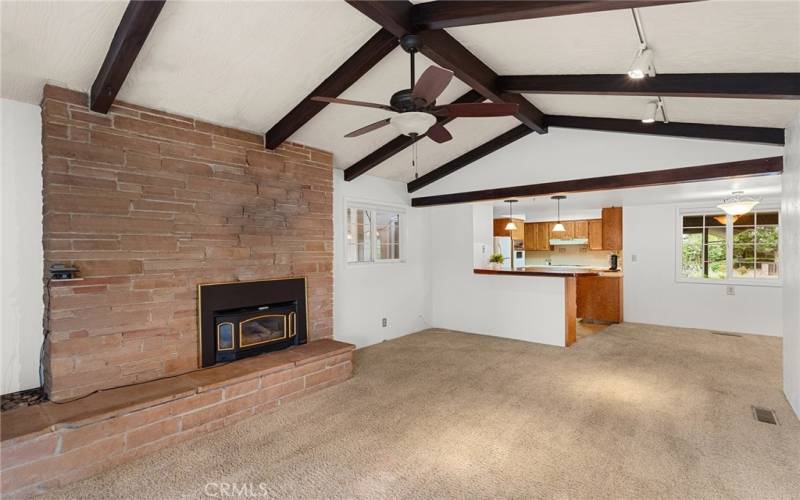 Beamed ceilings in the family room