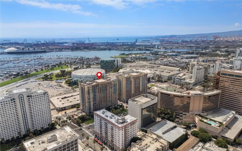 Aerial view of the Aqua Towers and the Queen Mary and Shoreline Village