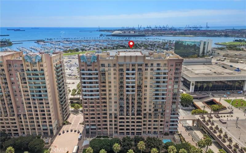 Aerial view of the Aqua Towers and view of the harbor