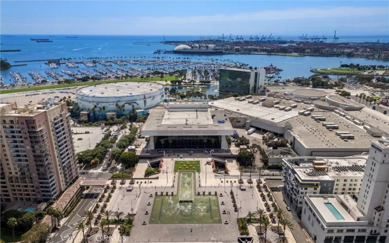 Aerial view of your neighbor the Long Beach Terrace Theater to watch a show