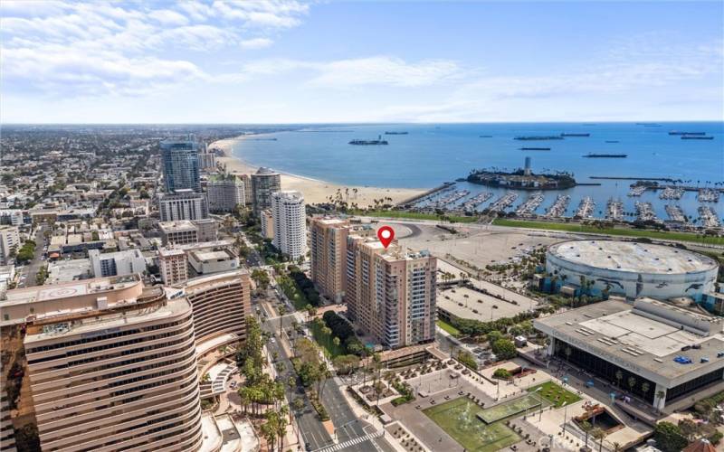 Aerial view of the Aqua Towers and view of the Long Beach coastline