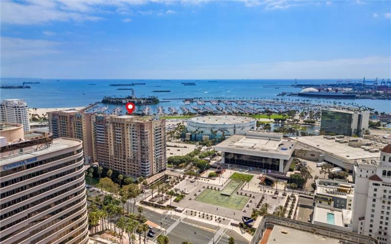 Aerial view of the Aqua Towers and view of the ocean