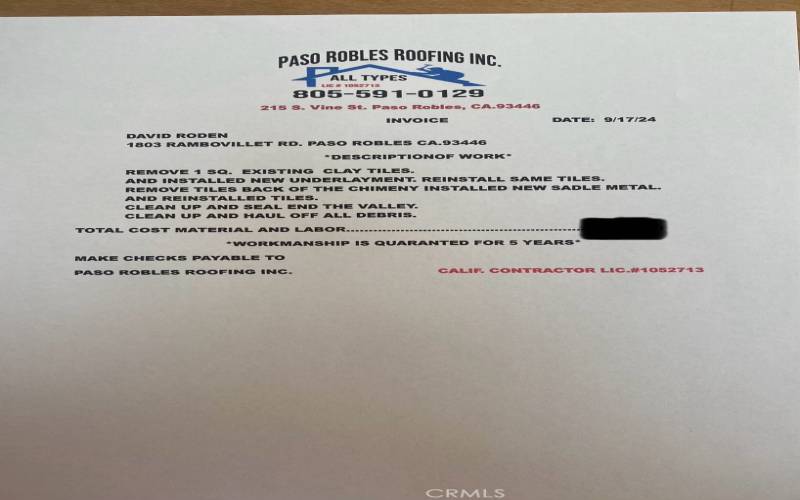 Roofing invoice