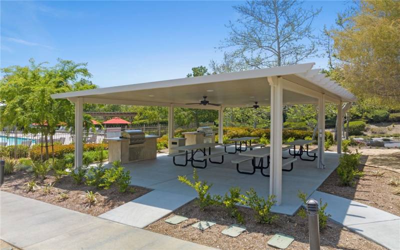 BBQ's and picnic tables near the pool and behind the clubhouse