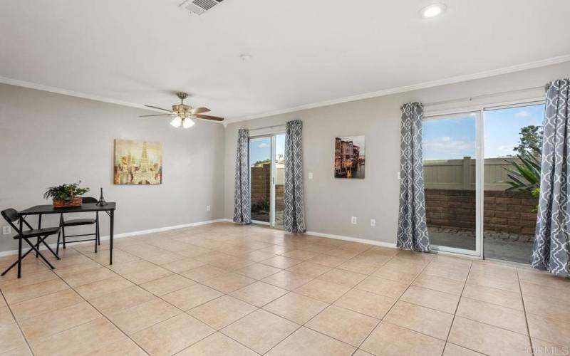 Looks out toward fenced patio.