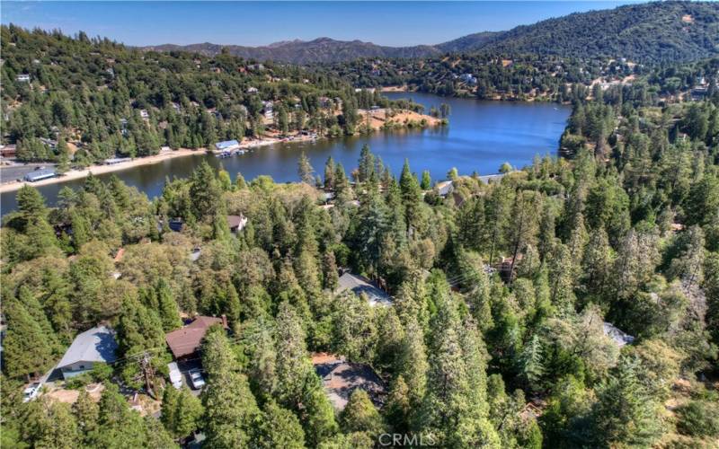 View from drone above property showing proximity to lake