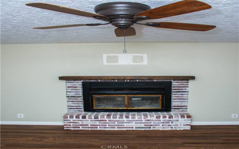 The brick faced fireplace is dual sided, living and family/dining room.