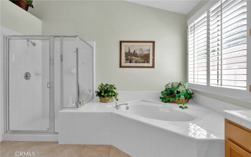 En suite bathroom with ovesized tub and shower.