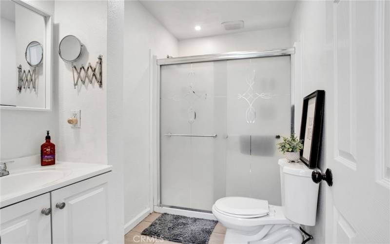 Downstairs guest bathroom with white vanity, undermount basin, dressing mirror and glass enclosed step-in shower.