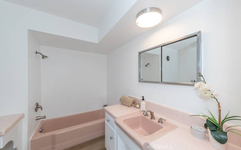 Primary suite bath with a tub/shower combo.  Check out the tile, sink and tub colors!