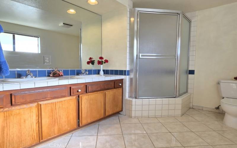 Main bedroom bath with dual sinks, large tub shower