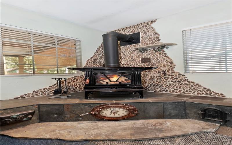 Wood burning stove in living room.