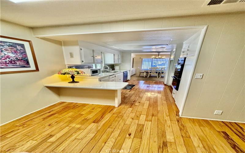 Family room view to kitchen