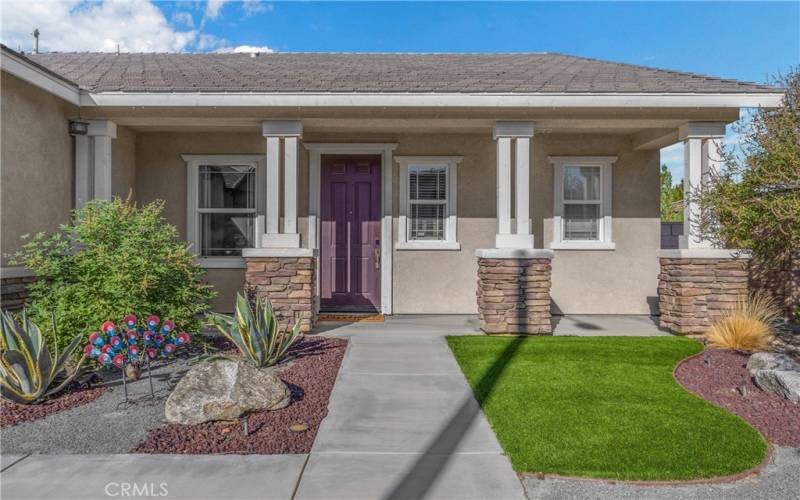 Drought tolerant front yard with synthetic grass