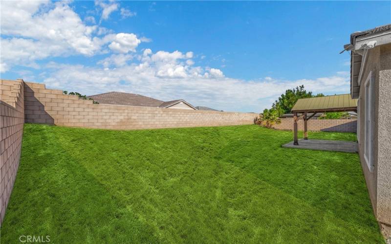 Virtually staged side yard and backyard grass