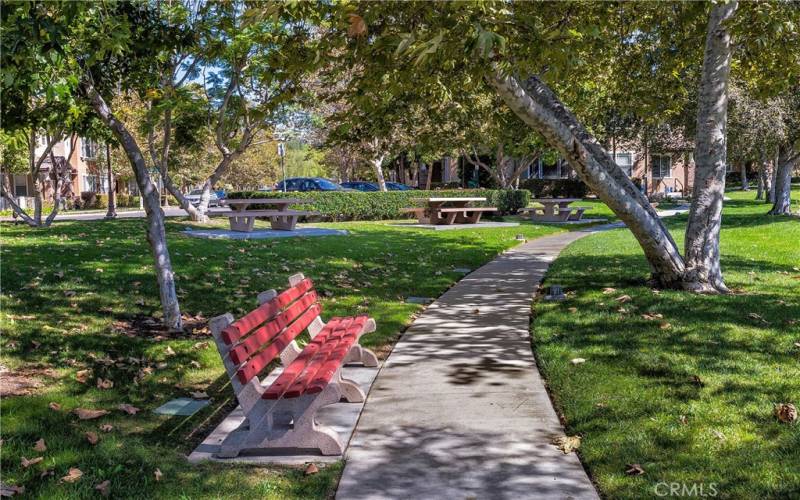 Walking area with shade to enjoy the California weather.