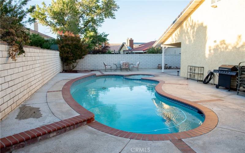 Built in pool and spa completely surrounded by a private block wall.  To the left is the large rear patio.