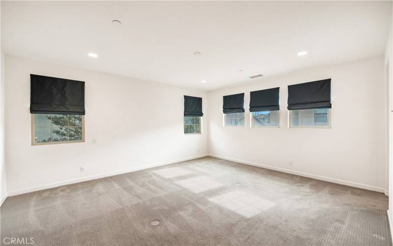 Primary bedroom with custom window coverings.