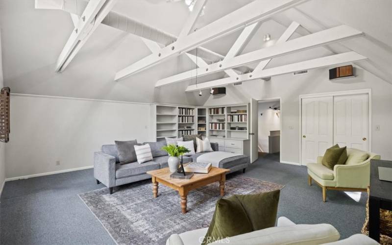 Upstairs Bedroom/Den w/ Walk-In Closets, Wood Beamed Ceilings & Built In Bookcases