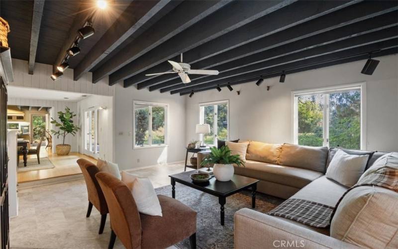 Living Room w/ Beautiful Wood Beamed Ceilings & Built-Ins