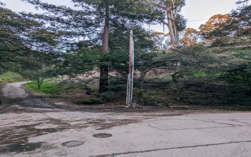 Utility pole with power and telecoms, Water and hydrant at intersection.