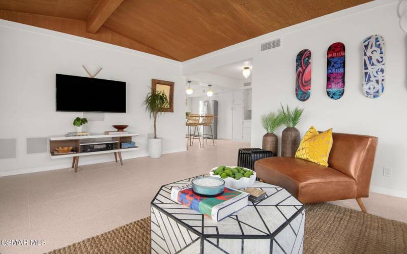 Family room with high wood ceilings