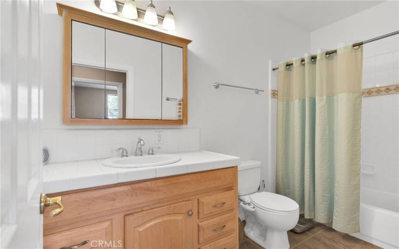 Hall bathroom with full tile shower stall.