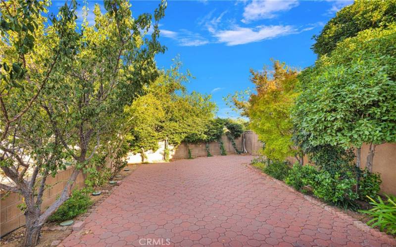 Large paved secret garden area with fruit and flowering trees.