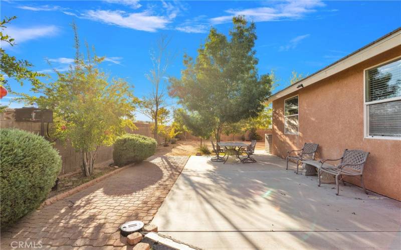 This large uncovered patio is one of several patio and paved areas. There is a covered patio on the opposite end of this space.