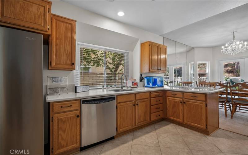 Kitchen open to dining area.