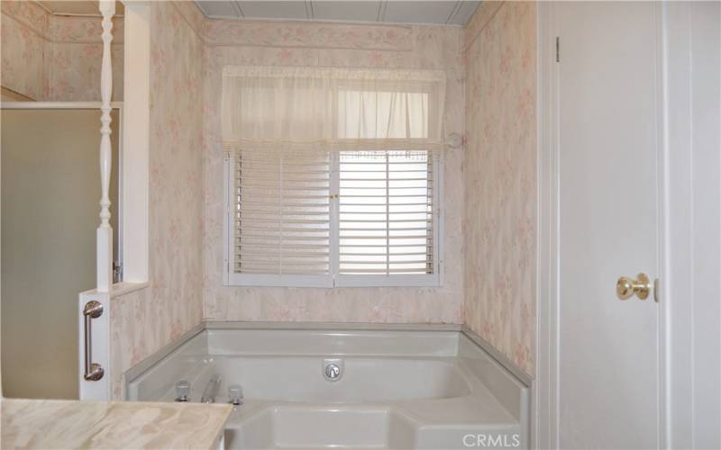 The primary bath offers a separate tub and shower, windows for some natural light, and a linen closet.