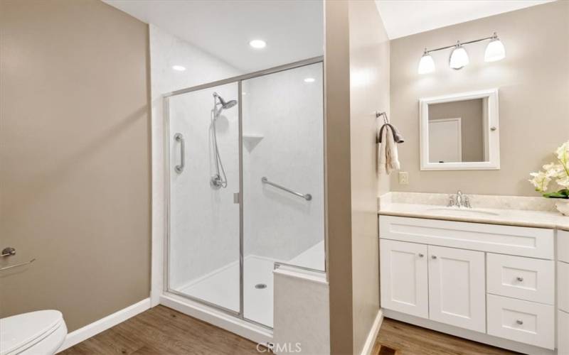 Glass shower in remodeled primary suite