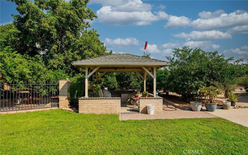 Gazebo covered patio tucked in with the many fruit trees