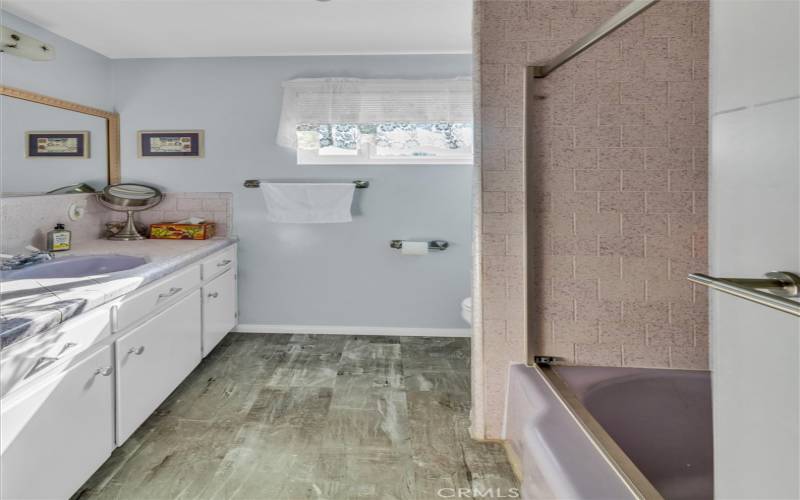 Hall bathroom with original lavender tub and sink