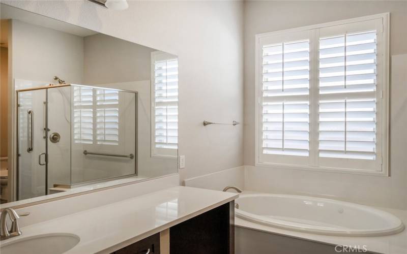 Master Bath vanity, there are dual sinks a jacuzzi style tub.