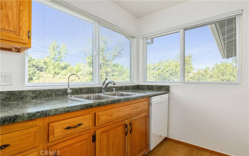 The kitchen sink is framed by large windows that give you a glimpse of the scenic property.