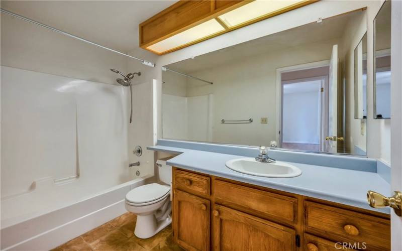 Hall bath with shower over tub.