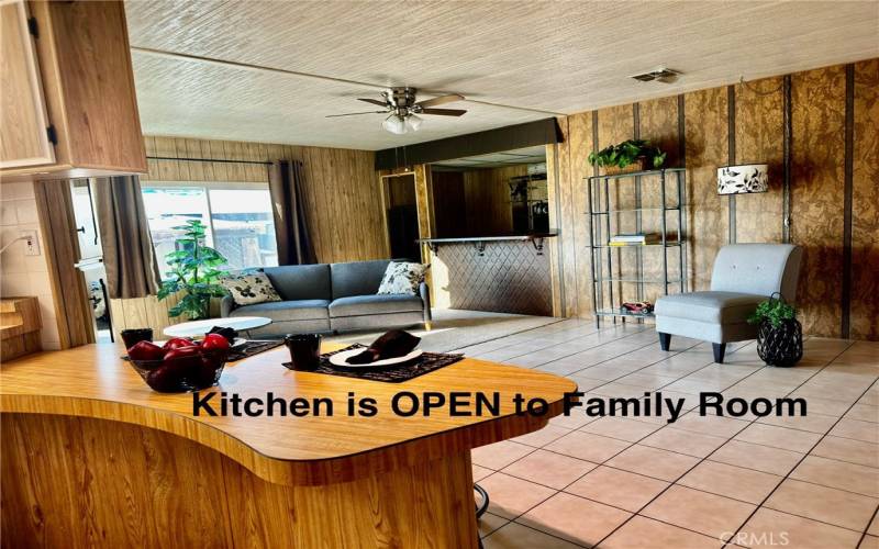 KITCHEN VIEW INTO FAMILY ROOM.