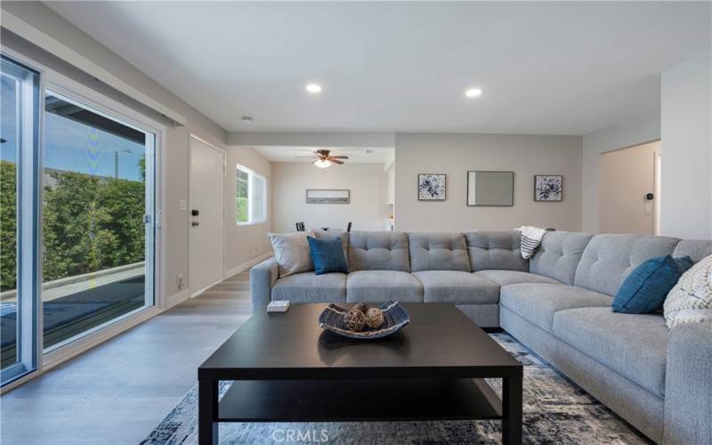 Family room open to backyard and kitchen